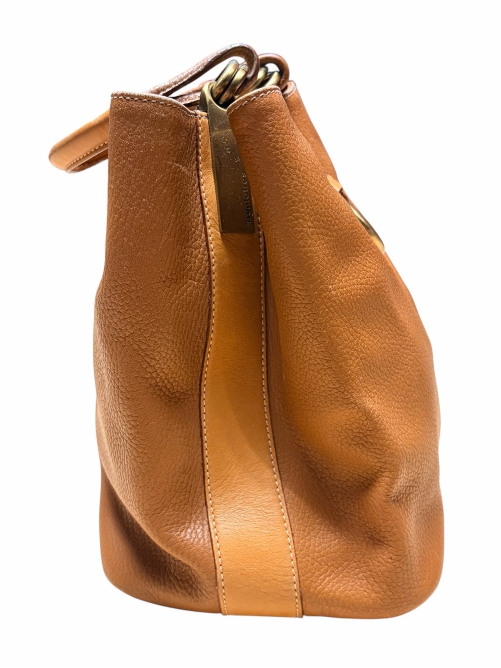 PuntoTres Cognac Genuine Leather Bucket Shoulder Bag Made in Spain - Picture 2 of 9